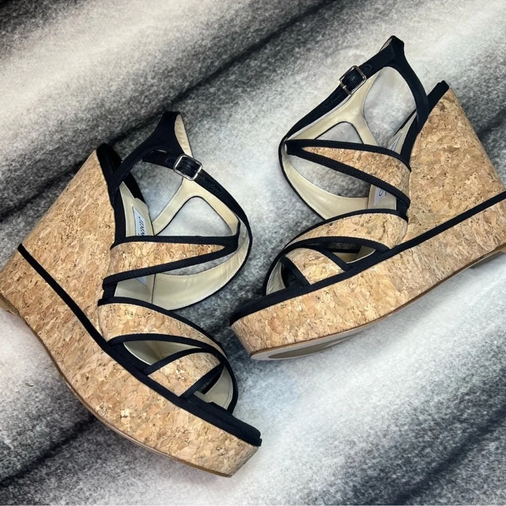 Jimmy Choo Alissa 120 mm Natural Black Cork Grosgrain Wedge Platform Heels